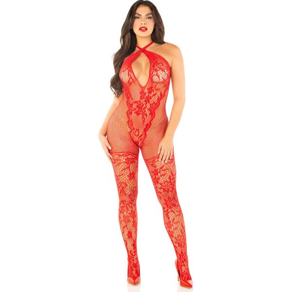 Bodystocking in Maglia Rossa con Stampa Floreale