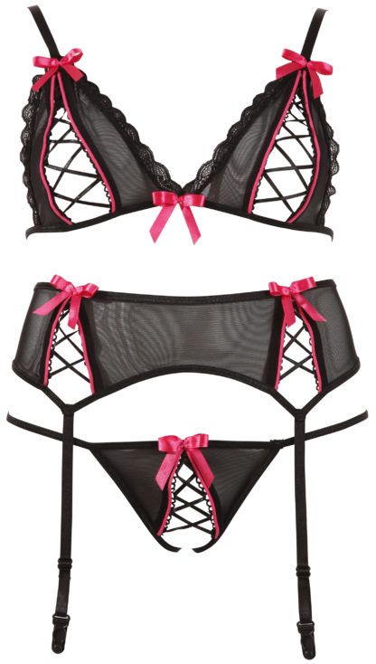 Set reggiseno reggicalze e perizoma con fiocchetti rose