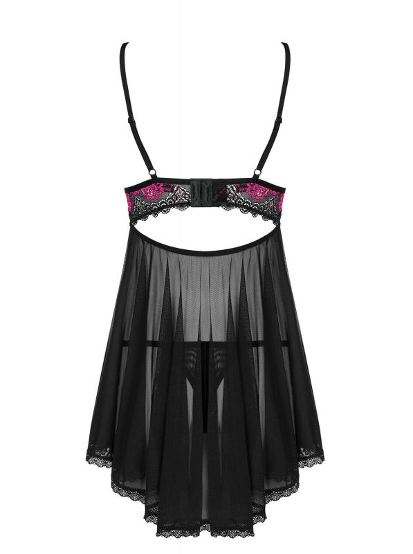 Tulia Affascinante babydoll nero con disegno floreale in colore rosa