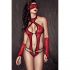 Ashley - Body rosso in pizzo con benda e guanti